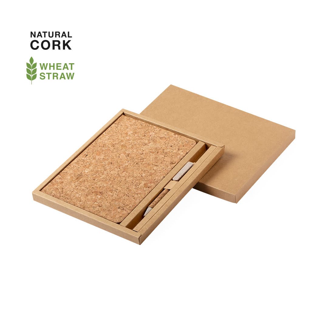 Caderno de cortiça com caneta e caixa