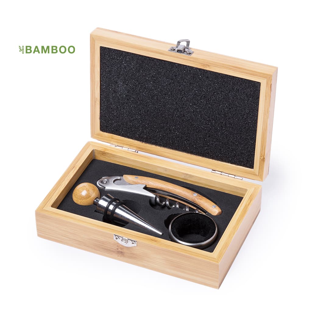 Conjunto de Vinhos em Madeira de Bambu com Acessórios Conjunto de Vinhos em Madeira de Bambu com Acessórios