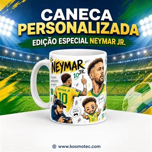 Caneca Personalizada Neymar Jr Sublimação Kosmotec Portugal Caneca de cerâmica branca personalizada por sublimação com ilustrações do Neymar Jr. sobre fundo de estádio