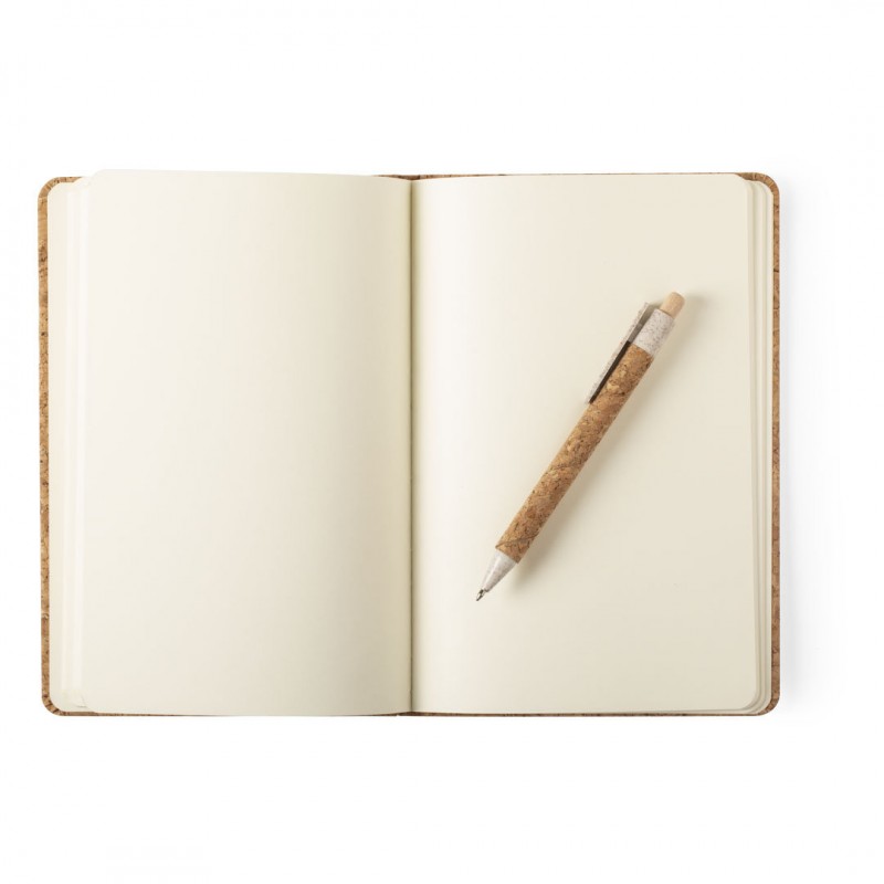 Caderno de cortiça com caneta e caixa