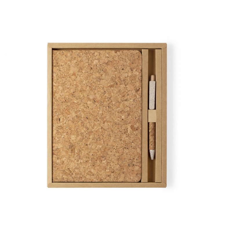 Caderno de cortiça com caneta e caixa